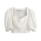 Eyelet Short-sleeve Faux Pearl Button Cropped Blouse