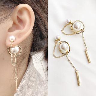 925 Sterling Silver Faux Pearl Chain Dangle Earring 1 Pair - 925 Silver Stud - Chain & Bar & Faux Pearl - Gold - One Size