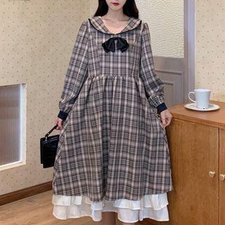 Long-sleeve Sailor Collar Plaid Midi A-line Dress