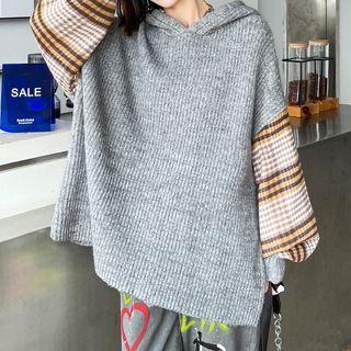 Plaid Panel Hooded Sweater