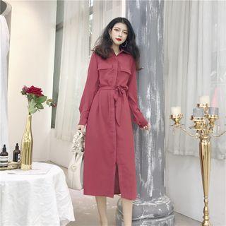 Side-slit Long-sleeve Midi Shirt Dress