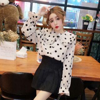 Set: Dotted Corduroy Long-sleeve Top + Mini Pleated Skirt
