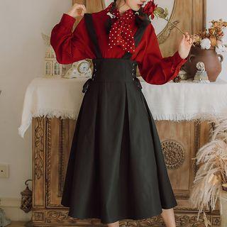 Long Sleeve Tie-neck Blouse / High-waist Jumper Skirt / Set Of 2