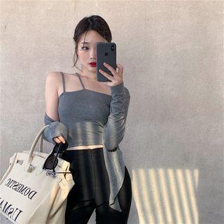Set : Plain Sleeveless Top + Plain Cardigan / High Waist Wide Leg Pants