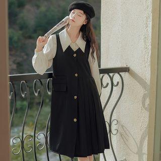 Set: Plain Shirt + Button-up Mini Overall Dress