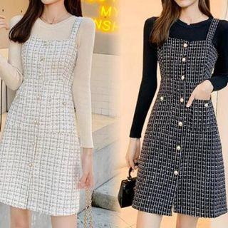 Set: Long-sleeve Plain Top + Plaid Mini Pinafore Dress