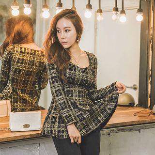 Long Sleeve Tweed Peplum Top Ivory - S