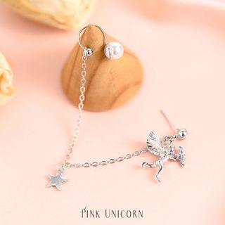 925 Sterling Silver Cupid Angel Faux Pearl Chain Earring