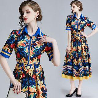 Patterned Short-sleeve Collared Midi Dress