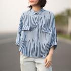 Striped 3/4-sleeve Shirt Sky Blue - One Size