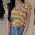 Short-sleeve Striped Cropped T-shirt Yellow - One Size