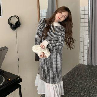 Houndstooth Long-sleeve Midi Shift Dress