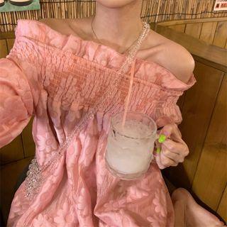 Long-sleeve Off-shoulder Floral Print Dress Pink - One Size