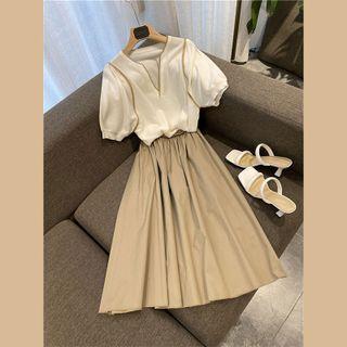 Set Of 2: Balloon-sleeve Blouse + Pleated Skirt