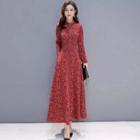 Long-sleeve Floral Print Midi A-line Dress / Lace Trim Undershorts