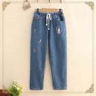Fleece-lined Rabbit-embroidered Jeans