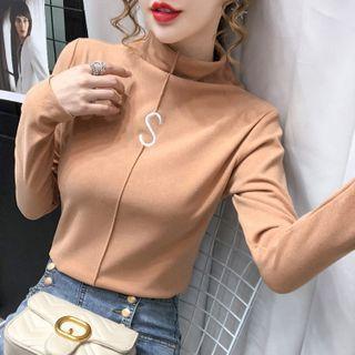 Mock-neck Long-sleeve Embroidered Lettering T-shirt