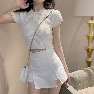 Short-sleeve Polo-neck Ribbed Knit Top / Slit Mini Pencil Skort