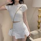 Short-sleeve Polo-neck Ribbed Knit Top / Slit Mini Pencil Skort