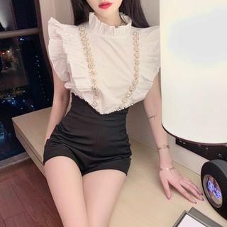 Rhinestone Ruffled-trim Sleeveless Blouse / High-waist Hot Shorts