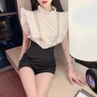 Rhinestone Ruffled-trim Sleeveless Blouse / High-waist Hot Shorts