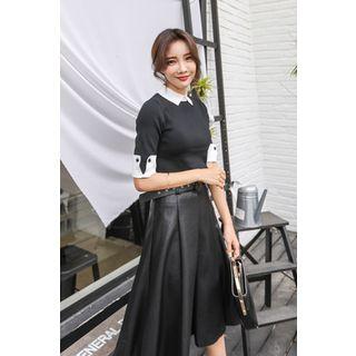 Cuff-sleeve Contrast-trim Knit Top
