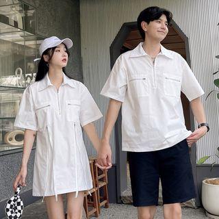 Couple Matching Short-sleeve Zip Mini A-line Shirt Dress / Polo Shirt / Shorts
