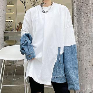 Long-sleeve Denim Panel Sweatshirt