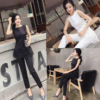 Set: Crew-neck Tank Top + Cropped Straight-cut Pants