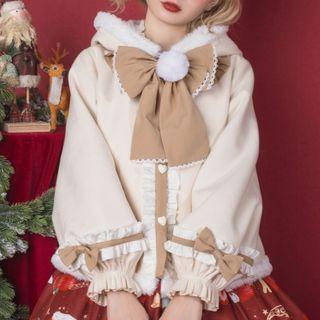 Hooded Buttoned Faux Fur Trim Coat