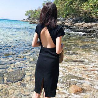 Open Back Short-sleeve Knitted Sheath Dress
