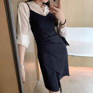 Set: Long-sleeve Shirt + Spaghetti Strap Striped Mini Dress