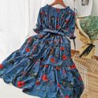 Flower Print Off-shoulder Shift Dress