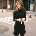 Long-sleeve Ruffle-hem Mini Bodycon Knit Dress Black - One Size