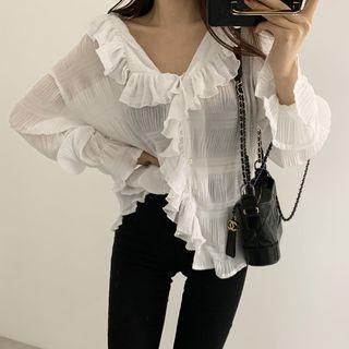 Long-sleeve Ruffle Trim Plain Blouse White - One Size