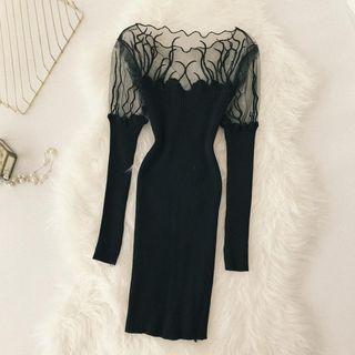 Mesh Panel Long-sleeve Knit Dress Black - One Size