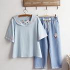Short-sleeve Sailor-collar Top / Wide-leg Jeans / Set