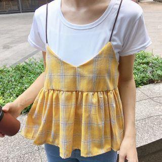 Set: Plain Short-sleeve T-shirt + Plaid Camisole
