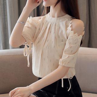 Elbow-sleeve Lace Trim Cold Shoulder Chiffon Top