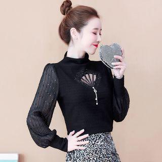 Mock-neck Rhinestone Cutout Panel Lace Blouse
