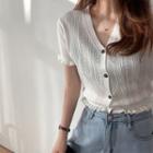 Ruffle Trim Short-sleeve Pointelle Knit Cropped Cardigan