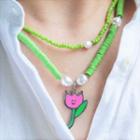 Tulip Beaded Necklace Green & Pink - One Size