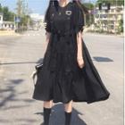 Short-sleeve Buckle Detail Midi A-line Dress Black - One Size