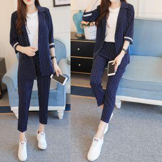 Set: 3/4-sleeve Striped Blazer + Straight-leg Dress Pants