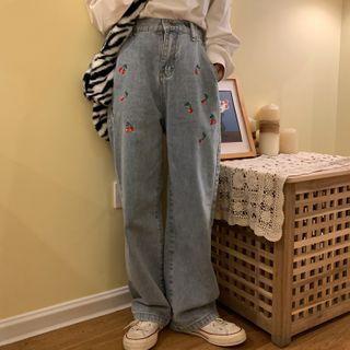 Cherry Embroidery Wide-leg Jeans