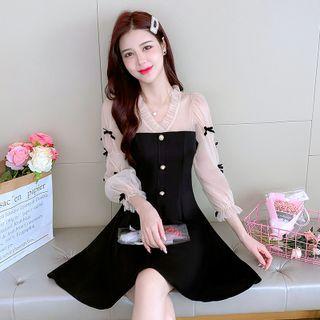 Long-sleeve V-neck Mesh-panel Bow Accent A-line Dress