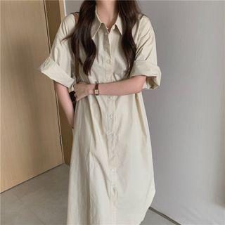 Short-sleeve Plain Midi Shirt Dress