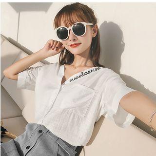 Lettering Embroidered Short-sleeve V-neck Blouse