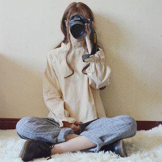 Frill Trim Blouse / Plaid Straight Cut Pants