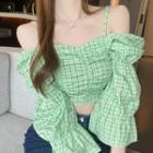 Cold-shoulder Plaid Cropped Blouse Green - One Size